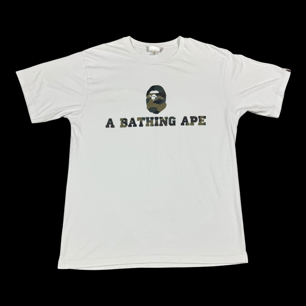 A Bathing Ape BAPE White Single Stitch Camo Logo Shirt Men's XXL (Fits Large)